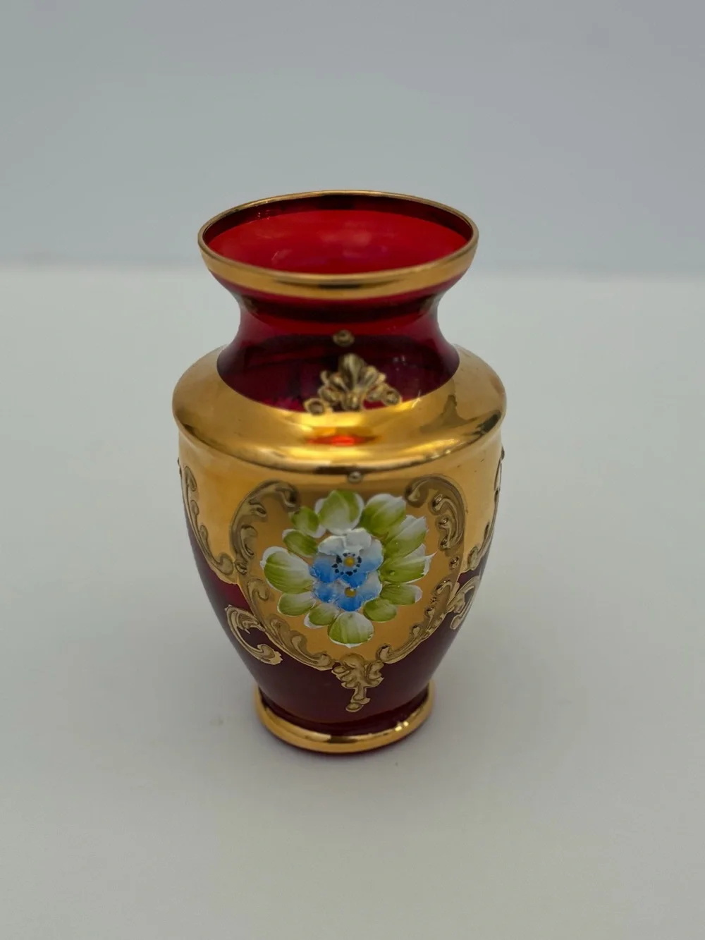 Vintage Murano Ruby Red Glass Vase Floral Design Gold Trim 4.5”